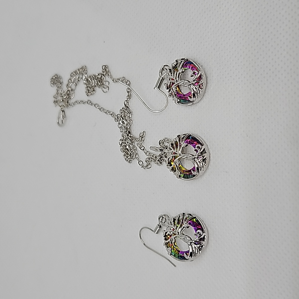 Silver Tone - Tree of Life with rainbow around Set them - New